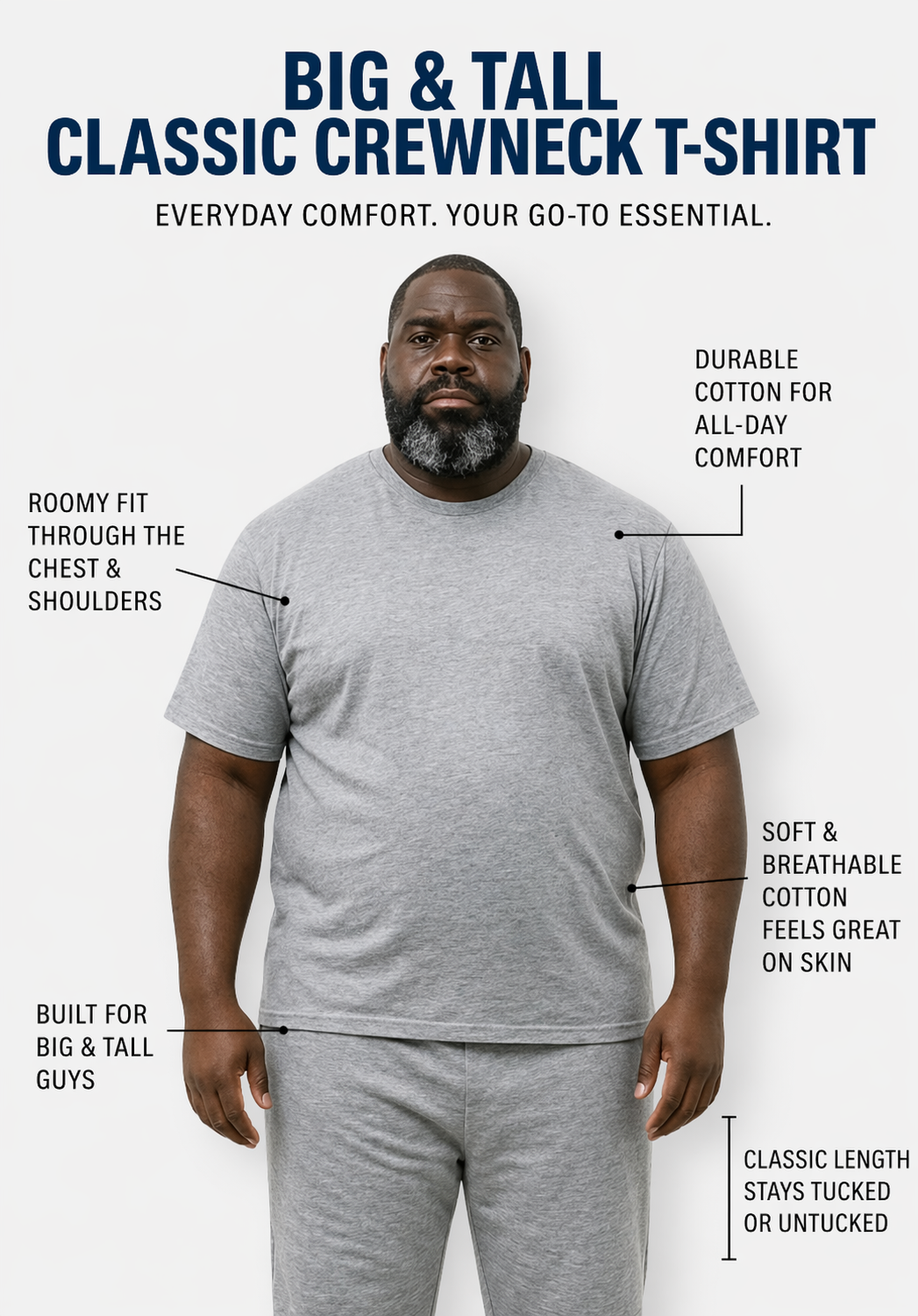 Big & Tall Classic Crewneck T-Shirt- Grey