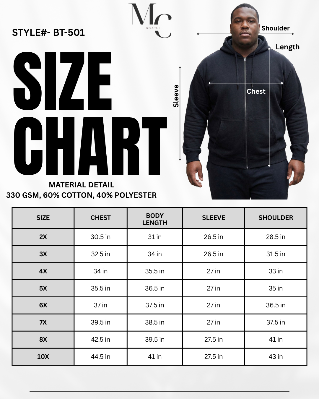 Men's Plus Size Big & Tall Full-Zip Fleece Hoodie – HTHR GRY| BT-501-HTHR GRY