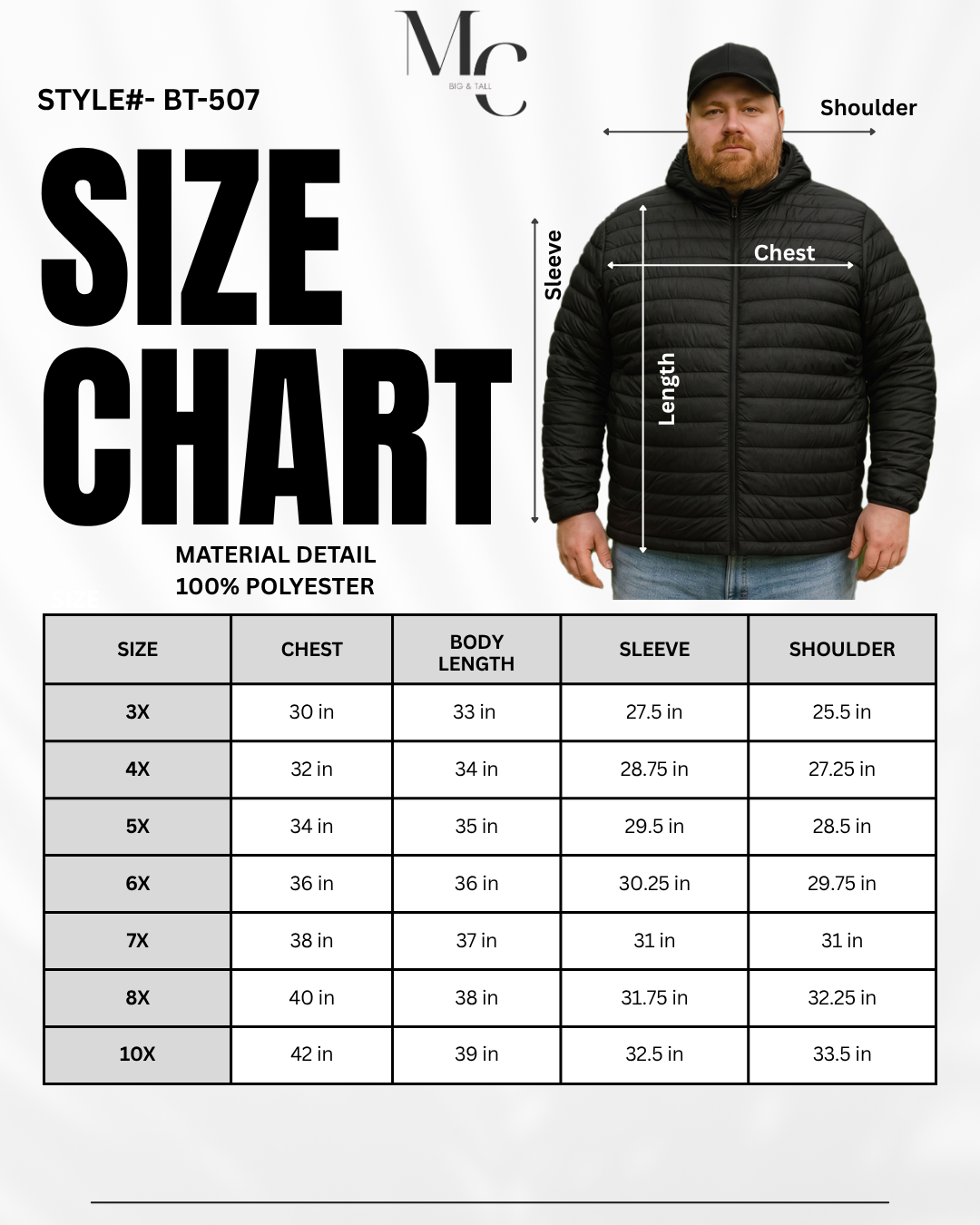 Men's Plus Size Big & Tall Insulated Puffer Jacket – Black | BT-507
